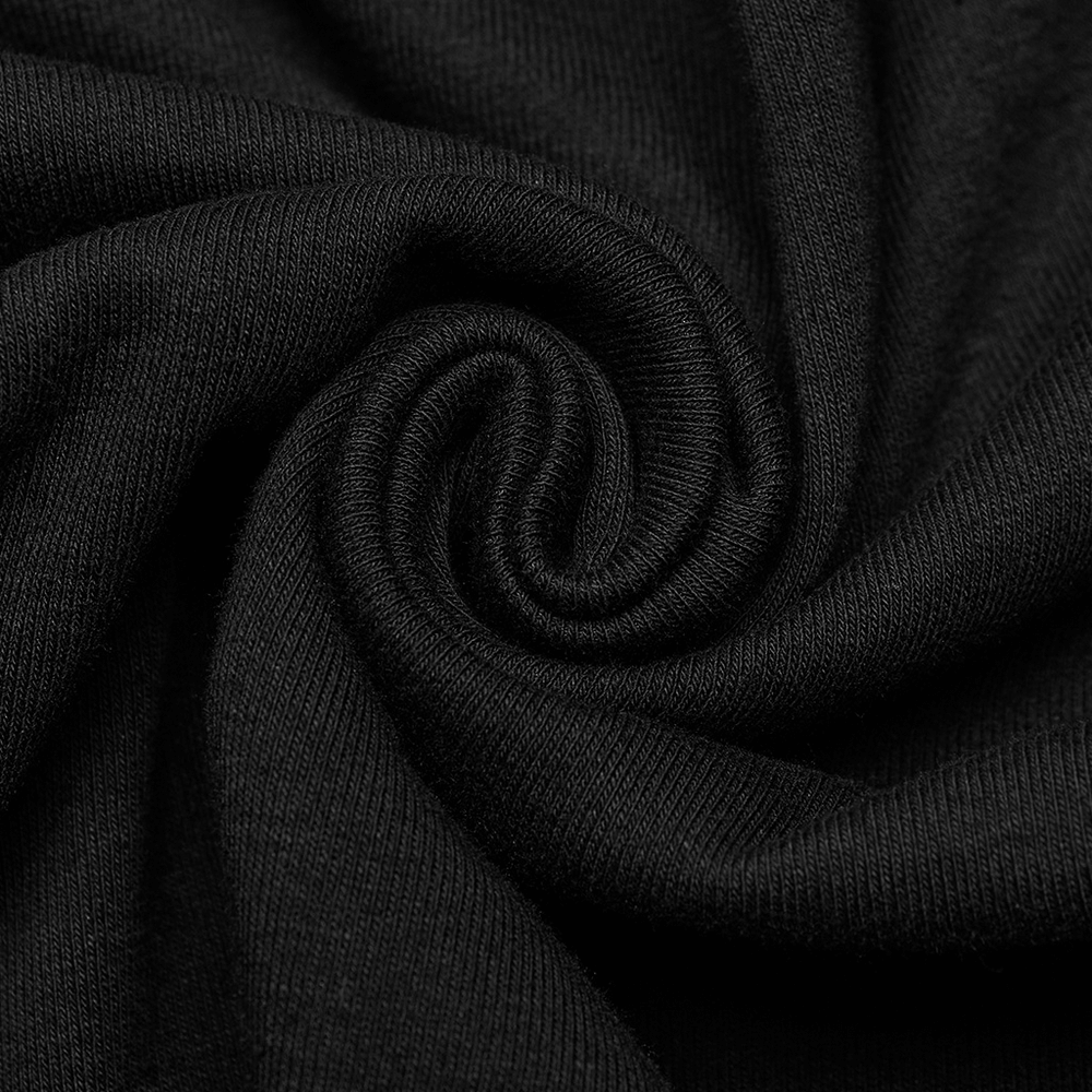 Close-up of soft black knit fabric, showcasing its smooth texture and stretchy qualities for gothic fashion.