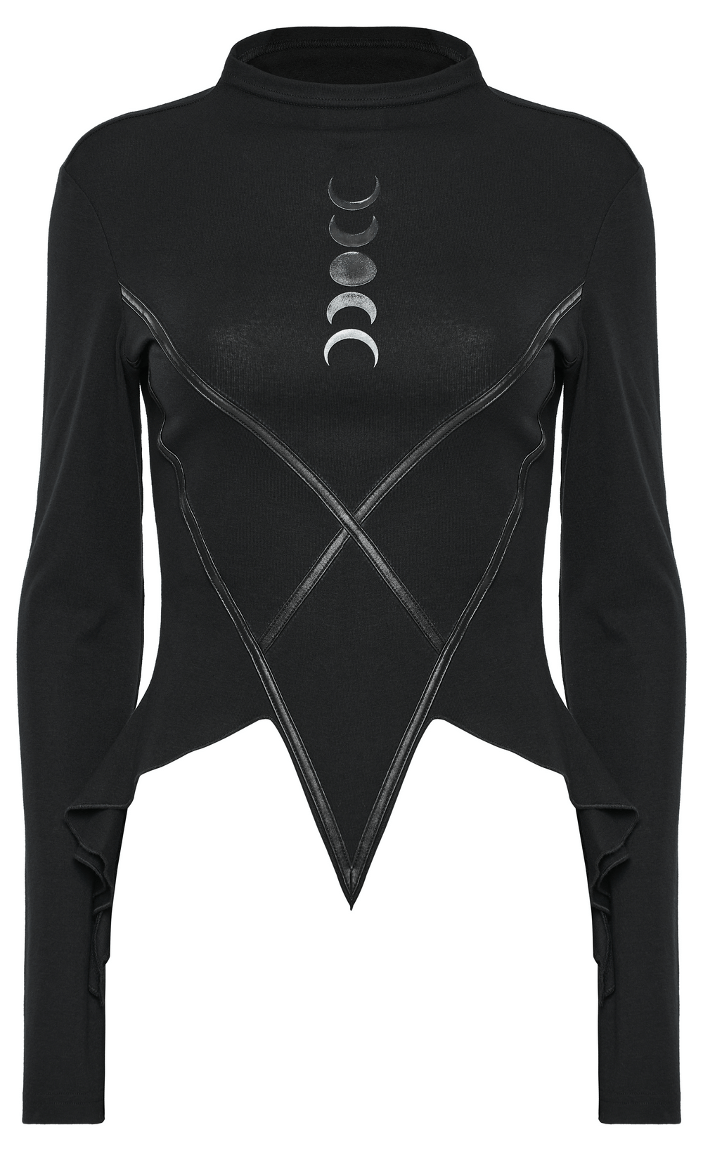 Women's gothic knit top in black with moon print and faux leather accents, ideal for chic daily fashion.