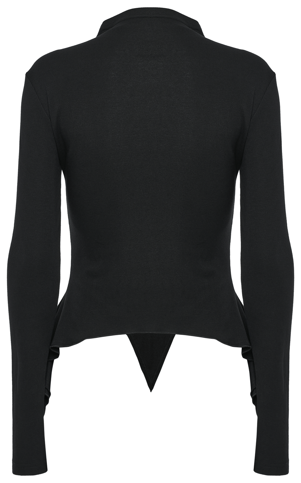 Back view of Women's Moon Print Gothic Knit Top with faux leather accents and irregular hem, perfect for chic goth style.