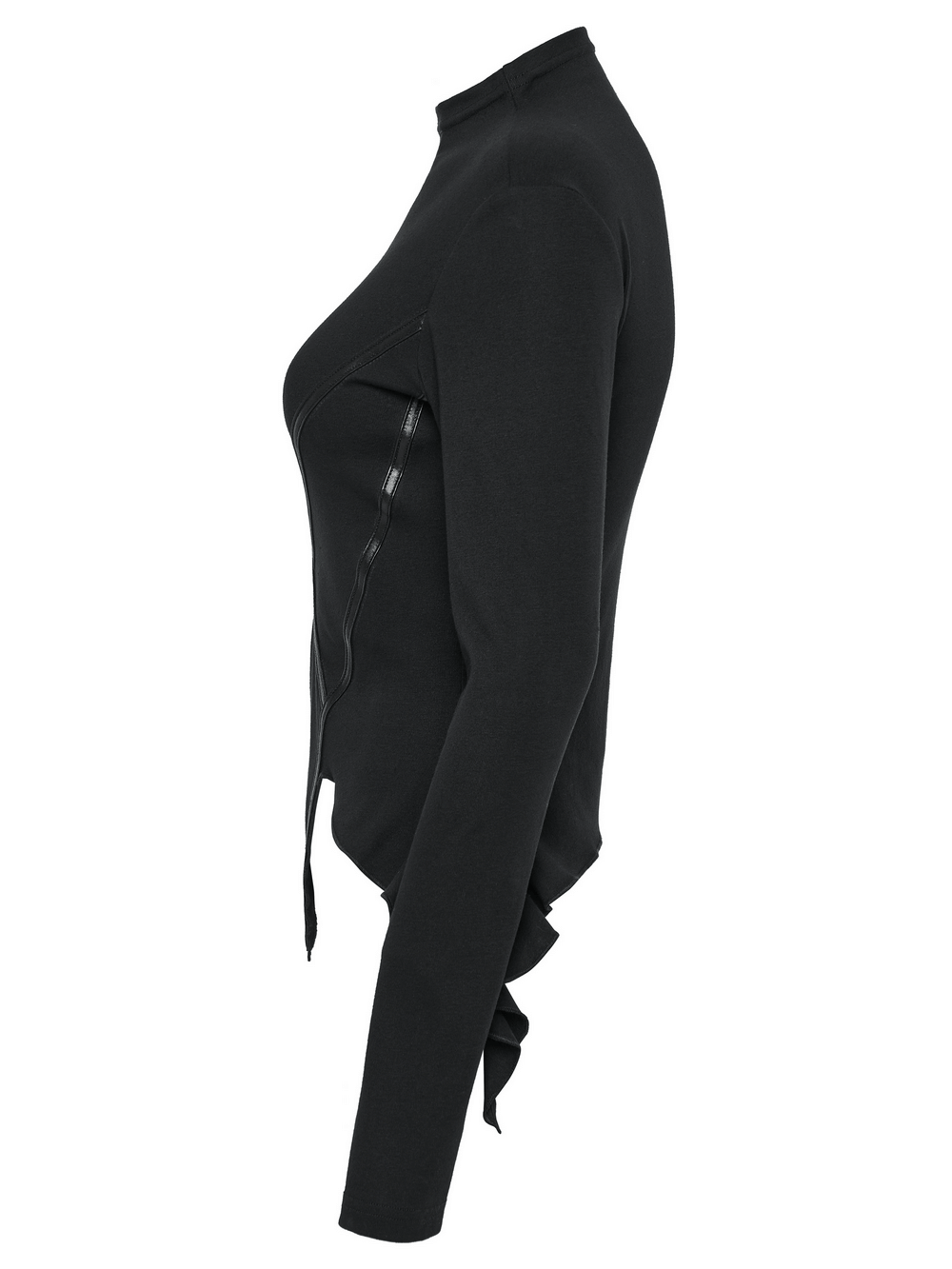 Side view of Women's Moon Print Gothic Knit Top in black, showcasing unique cut and faux leather accents.