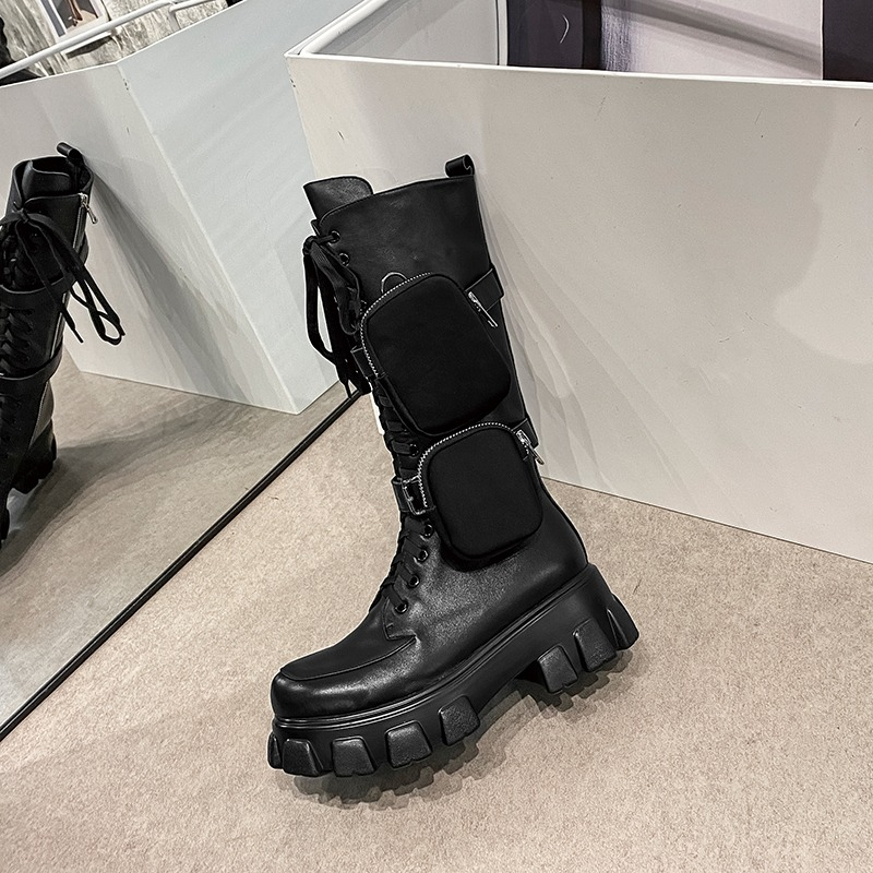 Women's Motocycle Platform Black Boots With Pockets / Genuine Leather Mid-Calf Shoes In 2 Variants - HARD'N'HEAVY