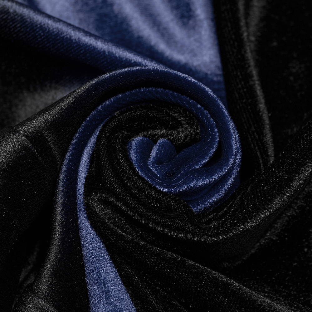 Close-up of navy and black velvet fabric, showcasing its soft texture and rich colors, perfect for stylish crafted garments.