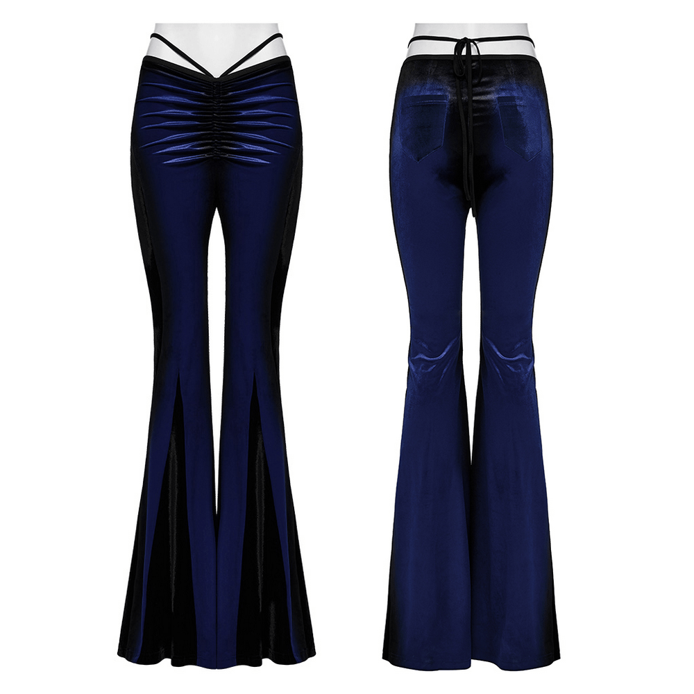 Women's navy velvet flare pants with black inserts, featuring a stylish gradient design and flattering silhouette.