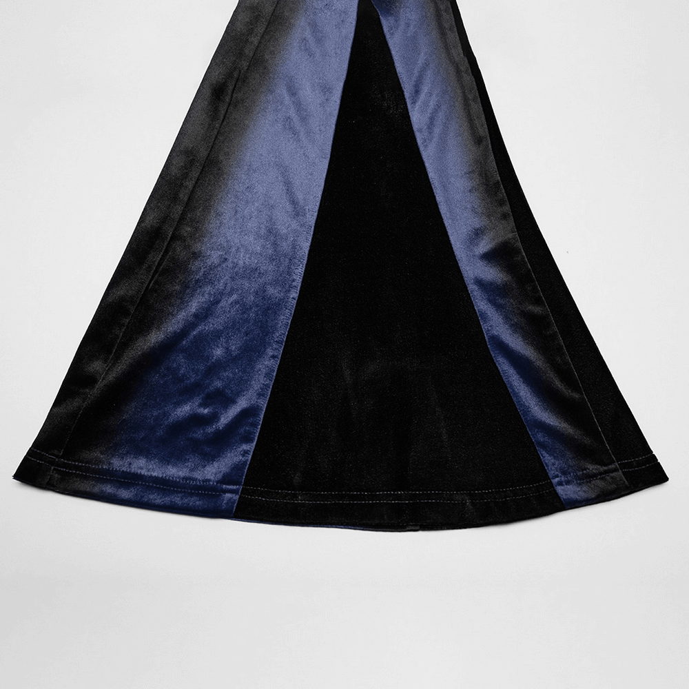 Navy velvet flare pants with black inserts, showcasing a stylish gradient design and elegant flared hem.