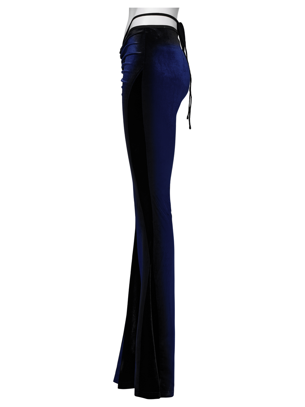 Side view of women's navy velvet flare pants with black inserts and waist strap, showcasing elegant flared design.