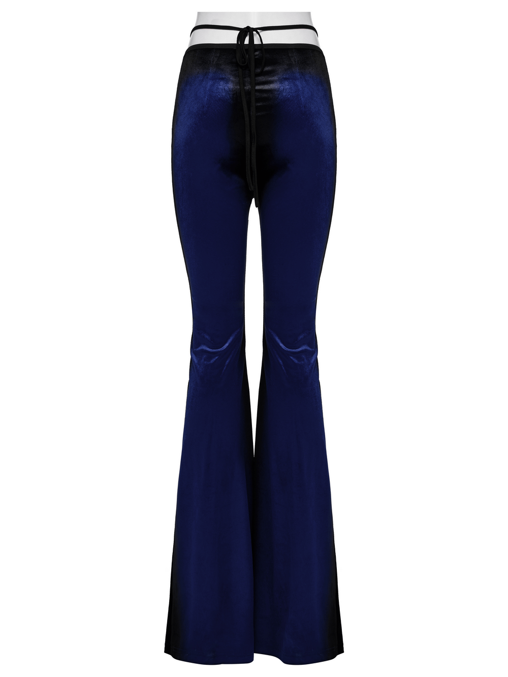 Women's navy velvet flare pants with black inserts and front waist strap, perfect for a stylish gothic look.