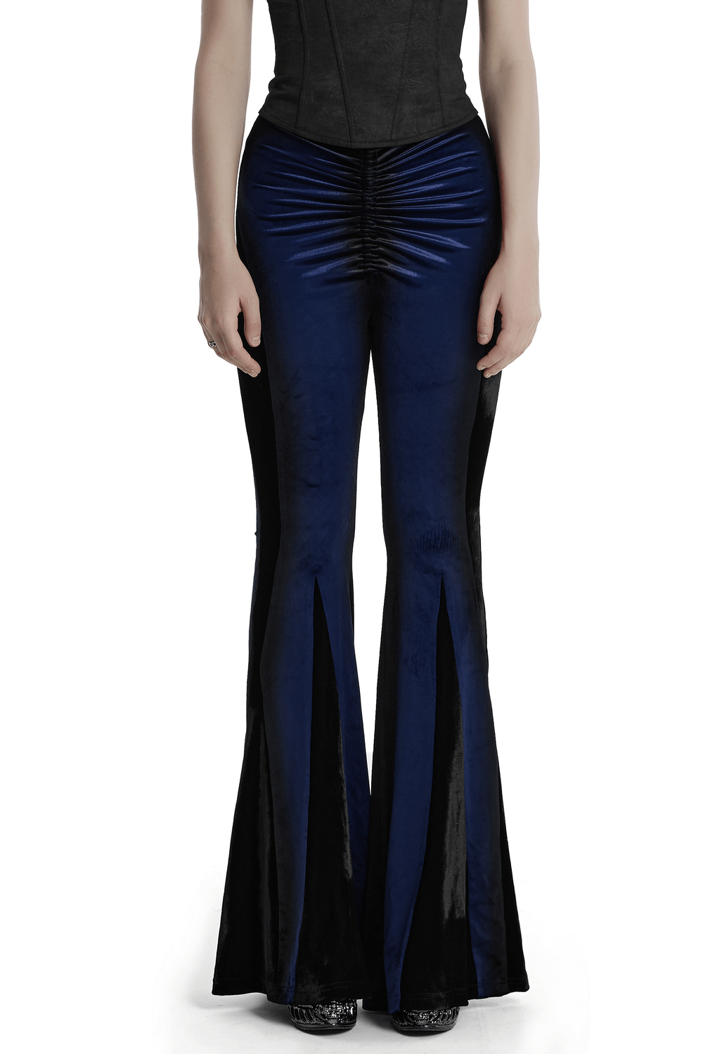 Women's navy velvet flare pants with black inserts, featuring a sleek fit and elegant gradient design.