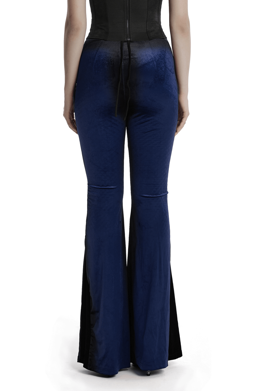 Back view of women's navy velvet flared pants with black inserts, featuring a sleek fit and elegant flare at the base.