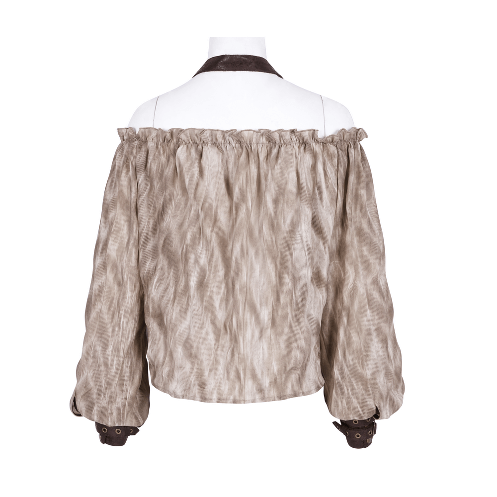 Back view of women's off-shoulder coffee top with textured fabric and faux leather cuffs for a chic look.