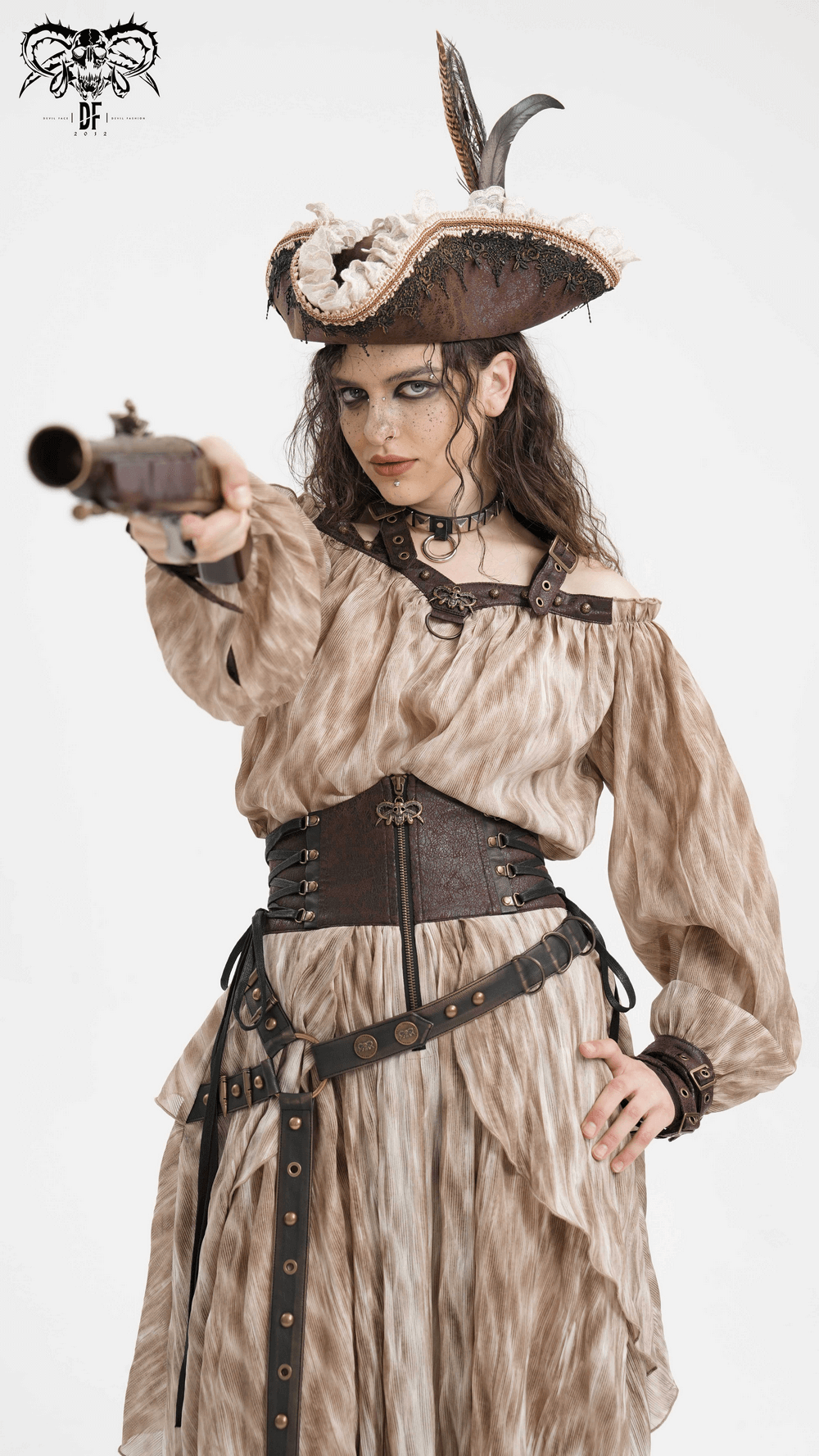 Woman in a pirate costume, wearing a tricorn hat, striking a fierce pose with a pistol, showcasing edgy fashion.