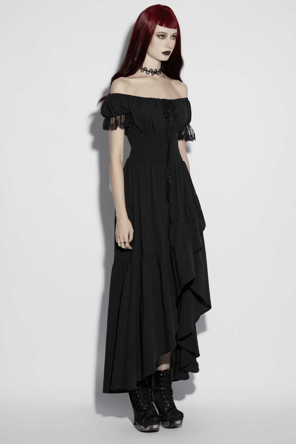 Alt Tag: Women's Off Shoulder High Low Gothic Maxi Dress in black jacquard cotton with smocked waist, off-shoulder lace neckline, high-low hem