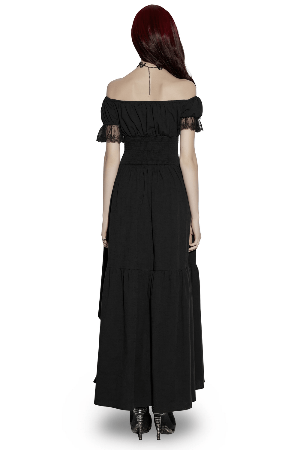 Alt Tag: Women's Off Shoulder High Low Gothic Maxi Dress back view, black cotton jacquard, smocked waist, lace neckline, flowing high-low hem