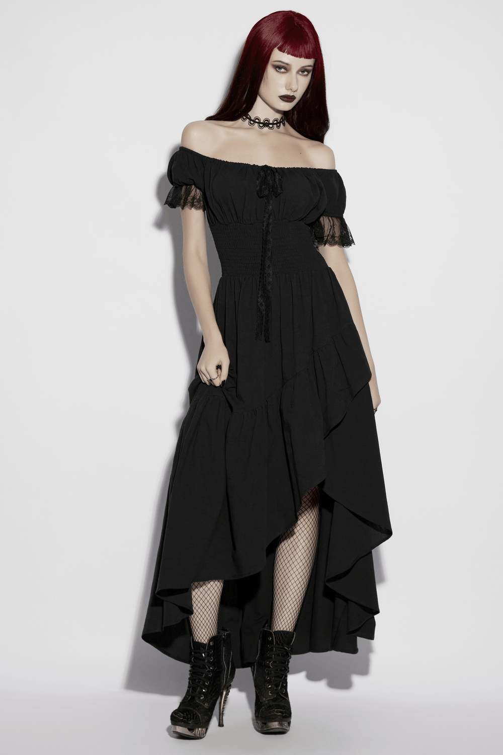Alt Tag: Women's Off Shoulder High Low Gothic Maxi Dress in black jacquard, smocked waist, lace neckline, flowing high-low hem