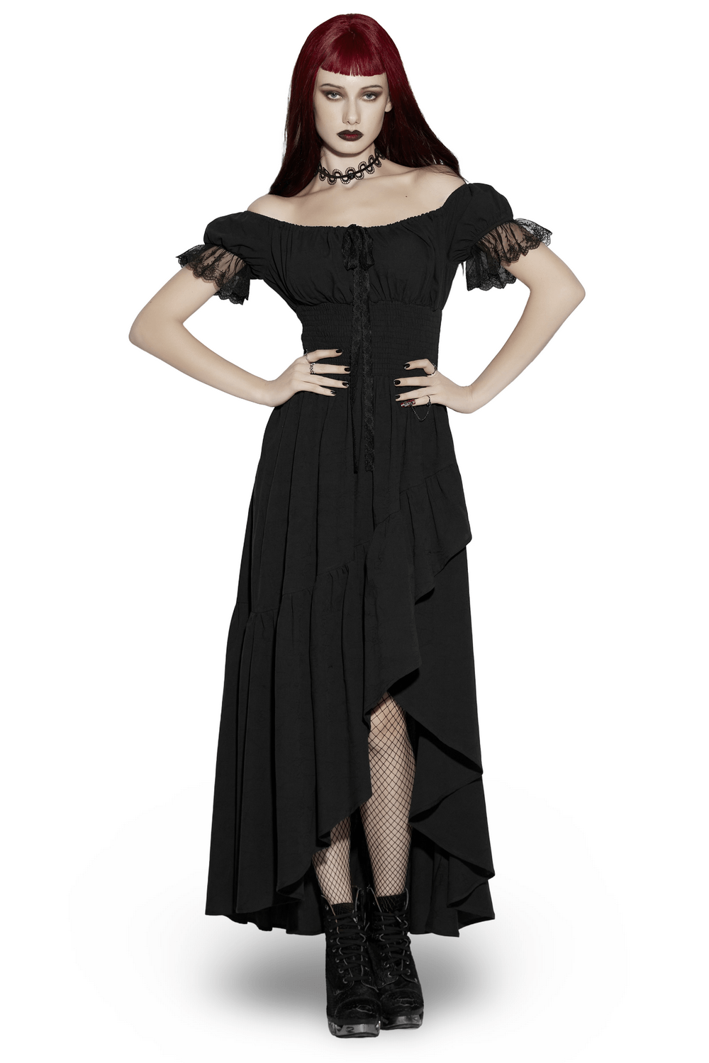 Alt Tag: Women's Off Shoulder High Low Gothic Maxi Dress in black cotton jacquard with lace neckline, smocked waist and flowing high-low hem