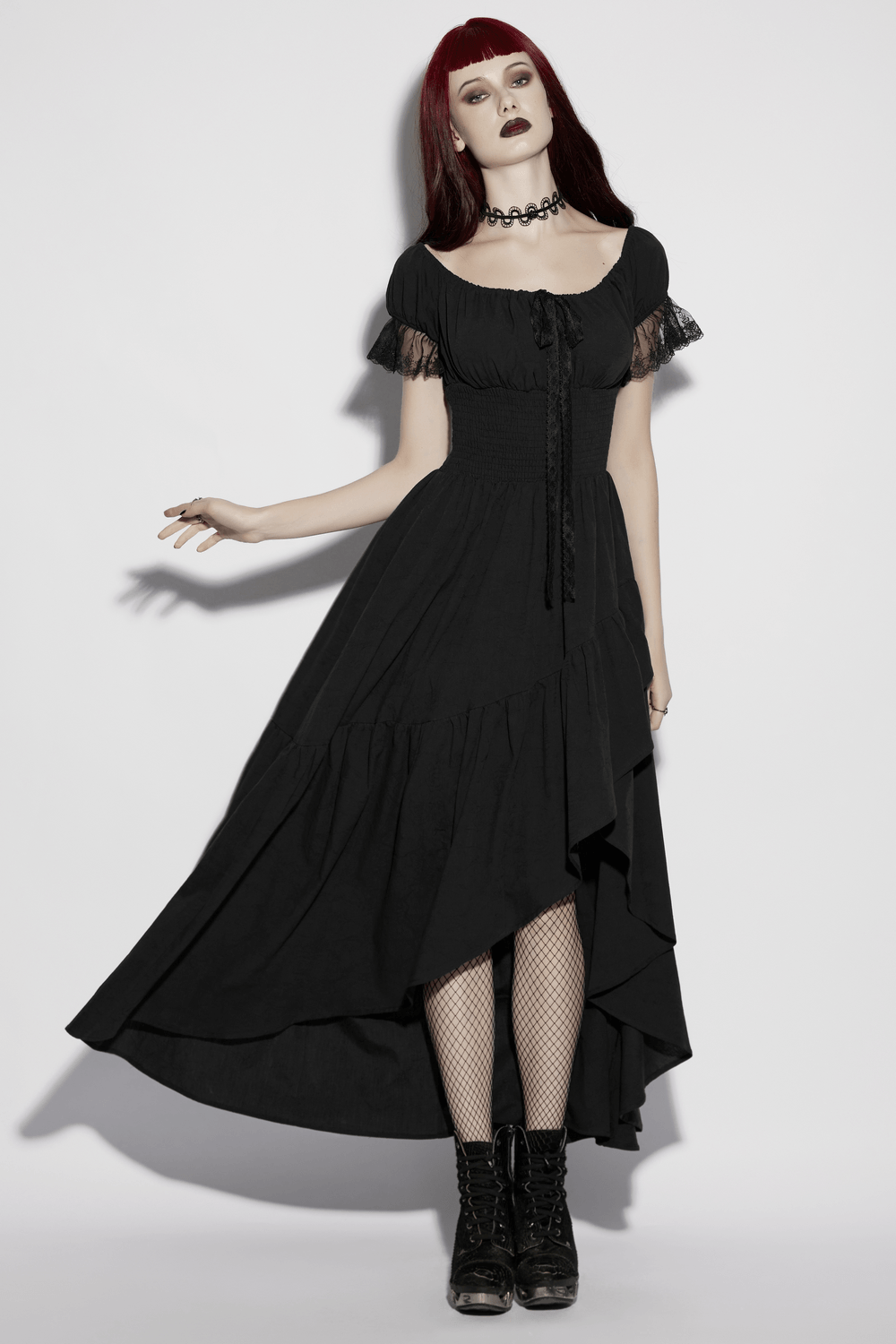 Alt Tag: Women's Off Shoulder High Low Gothic Maxi Dress in black with lace sleeves, smocked waist, flowing high-low hem—dark romance vibes