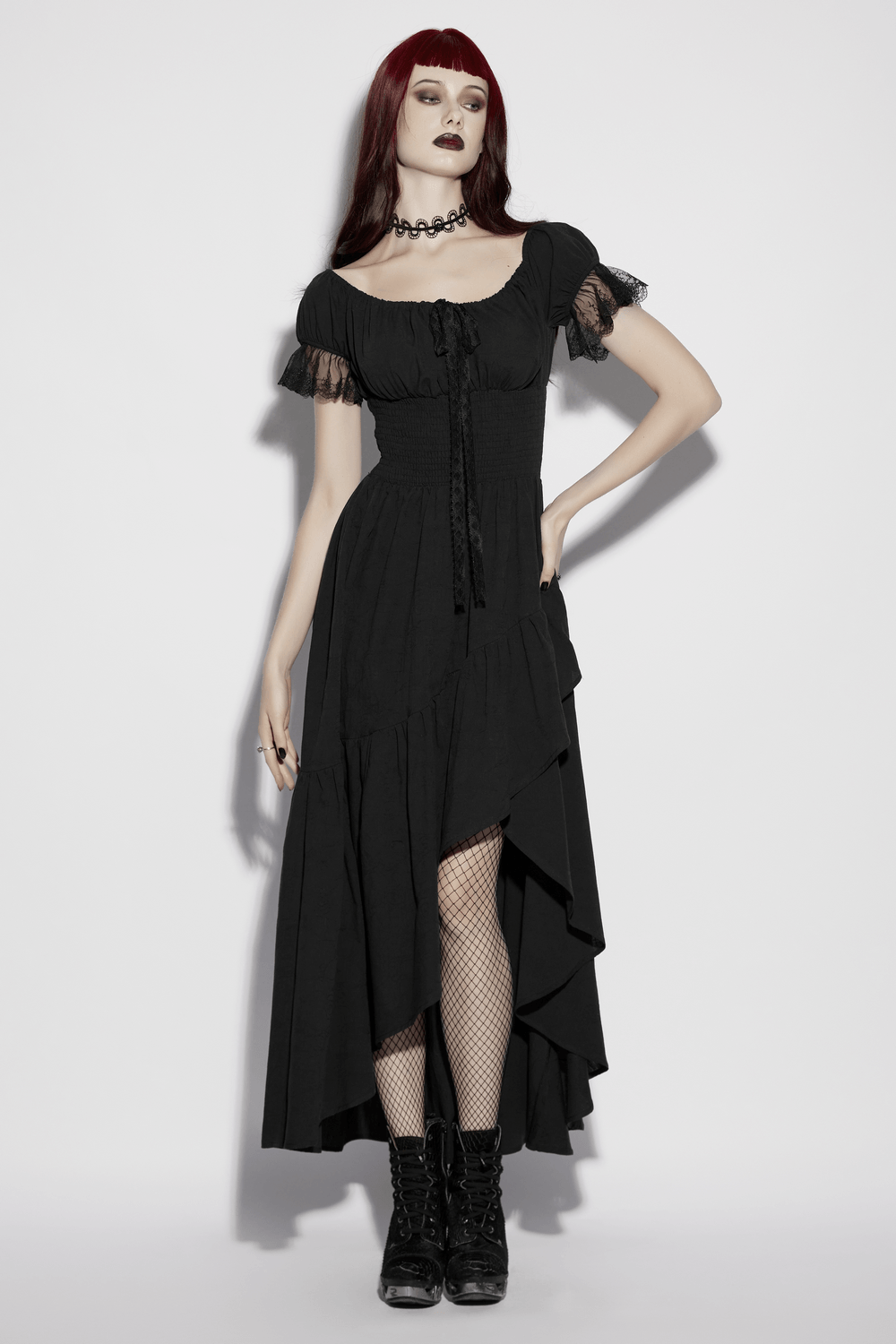 Alt Tag: Women's Off Shoulder High Low Gothic Maxi Dress in black jacquard with smocked waist, lace neckline, high-low hem