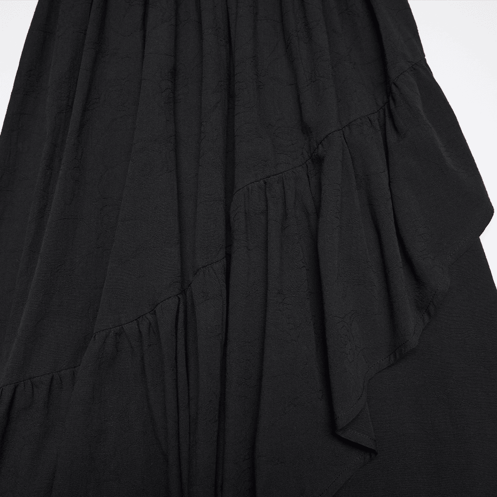 Alt Tag: Women's Off Shoulder High Low Gothic Maxi Dress close-up of dark cotton jacquard high-low skirt with flowing ruffle tiers