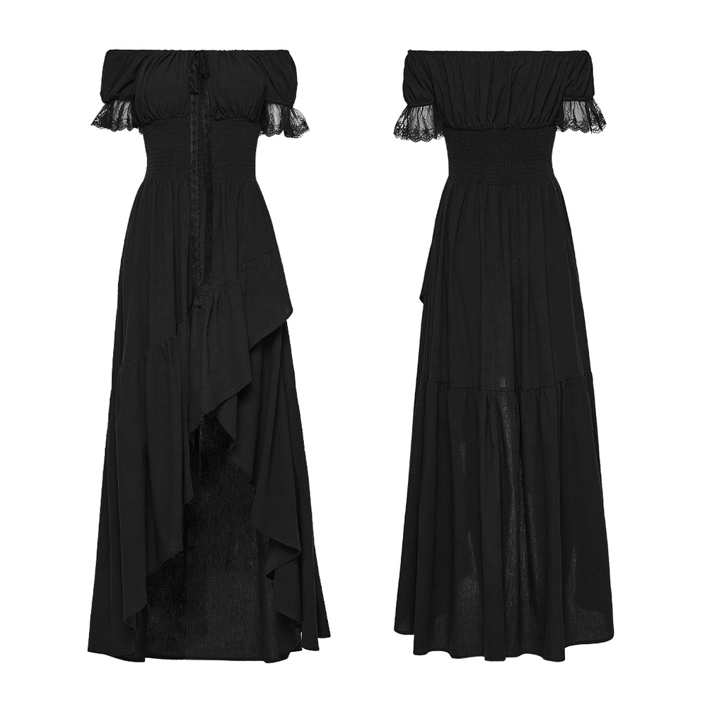 Alt Tag: Women's Off Shoulder High Low Gothic Maxi Dress in black jacquard cotton, smocked waist, lace neckline, high-low hem (front/back)