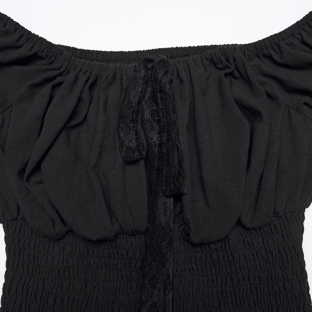 Alt Tag: Women's Off Shoulder High Low Gothic Maxi Dress smocked off-shoulder neckline with lace tie, black jacquard cotton detail