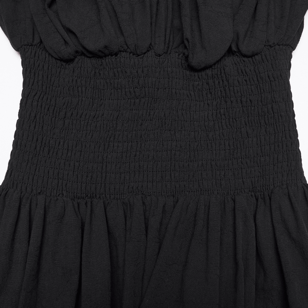 Alt Tag: Women's Off Shoulder High Low Gothic Maxi Dress smocked elastic waist detail in black cotton jacquard fabric