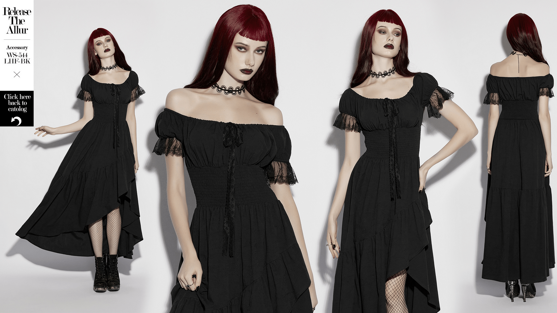 Alt Tag: Women's Off Shoulder High Low Gothic Maxi Dress in black cotton jacquard with smocked waist, lace neckline, flowing high-low hem
