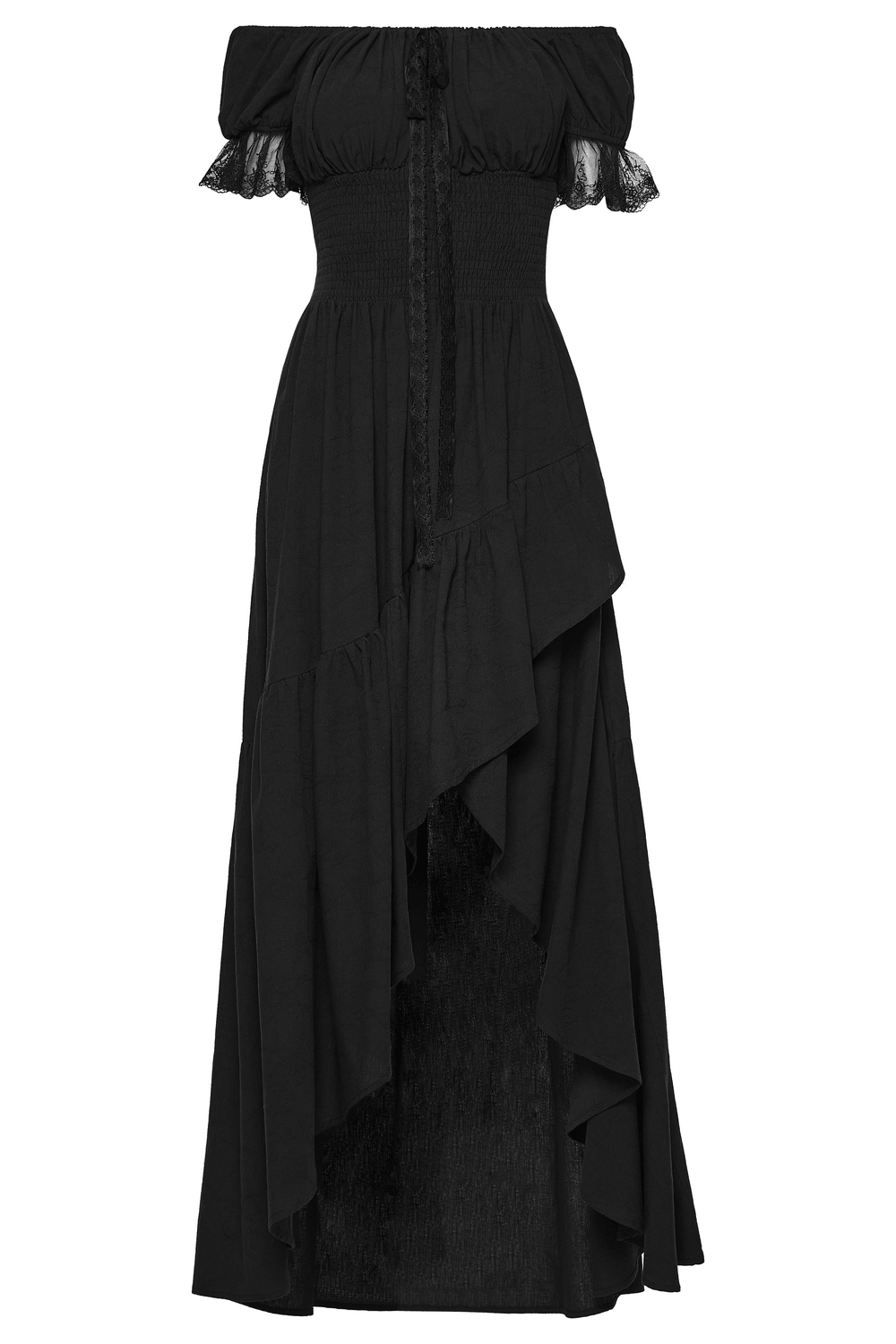 Alt Tag: Women's Off Shoulder High Low Gothic Maxi Dress in black with smocked waist, lace neckline, and flowing high-low hem
