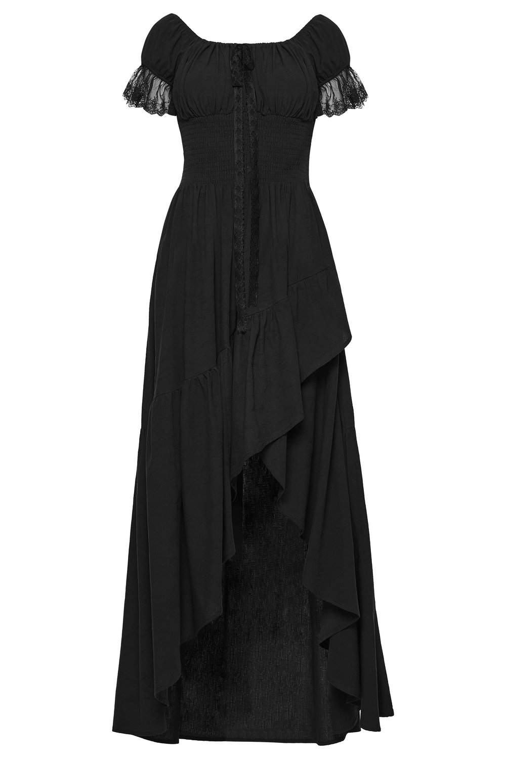 Alt Tag: Women's Off Shoulder High Low Gothic Maxi Dress black goth jacquard cotton, smocked waist, lace neckline, flowing high-low hem