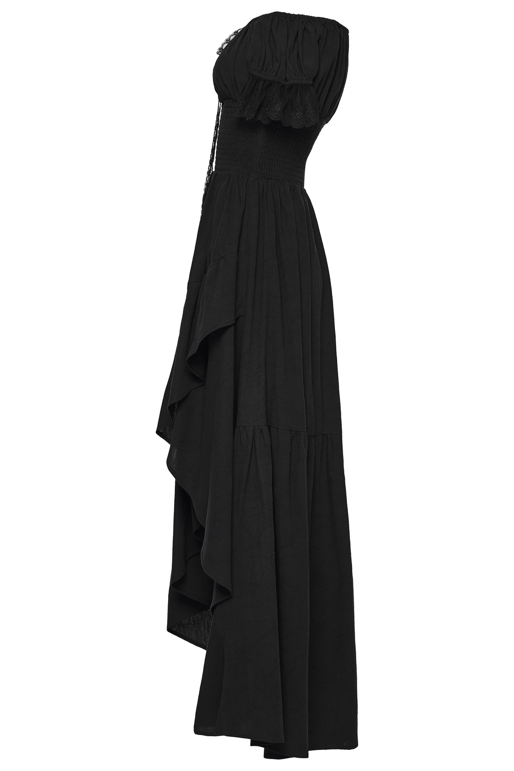 Alt Tag: Women's Off Shoulder High Low Gothic Maxi Dress in black jacquard cotton with smocked waist and flowing high-low hem