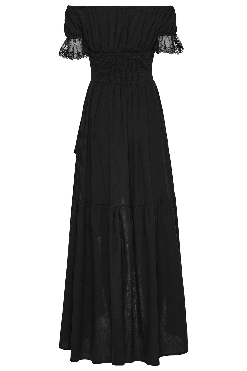 Alt Tag: Women's Off Shoulder High Low Gothic Maxi Dress in black cotton jacquard with smocked waist, lace neckline, flowing high-low hem
