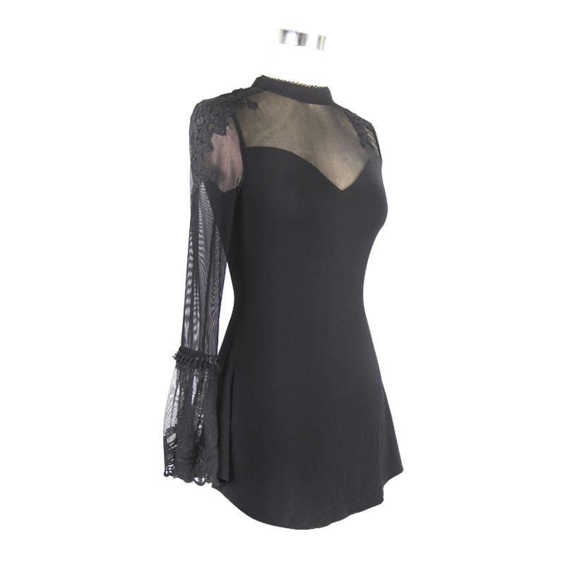 Women’s black asymmetric gothic top with sheer sleeves and lace detailing, perfect for a romantic look.