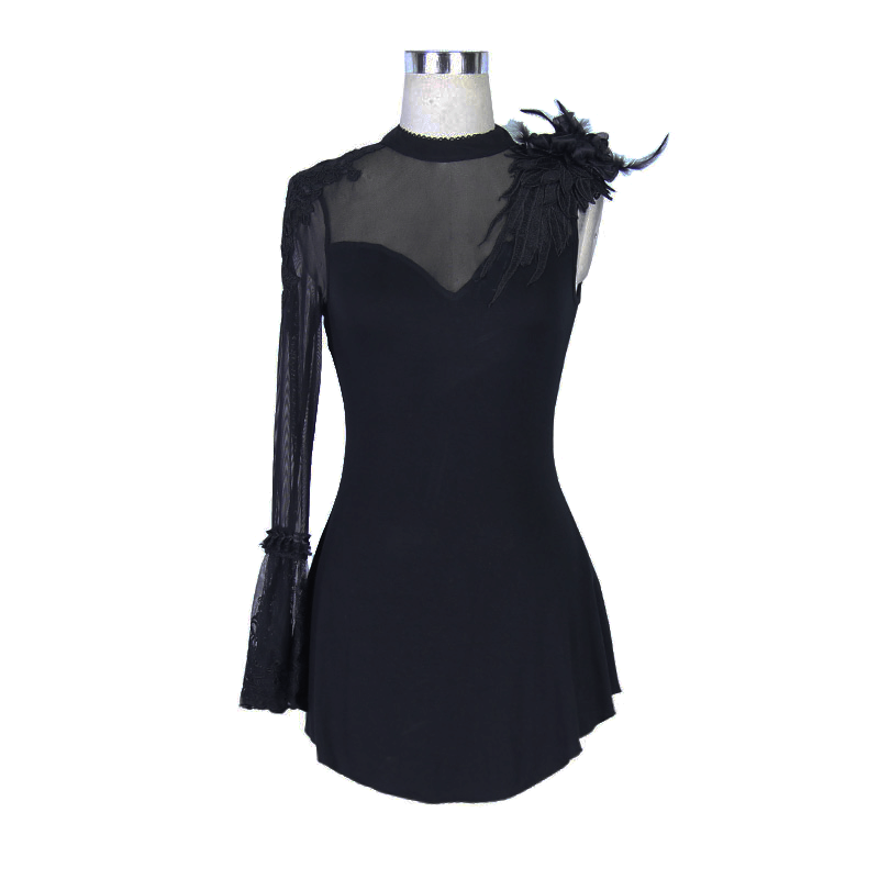 Black asymmetric gothic top with one sleeve, featuring delicate flower and feather details for a trendy look.