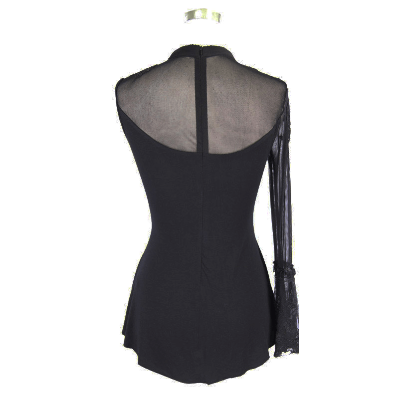 Back view of Women's One Sleeve Asymmetric Gothic Top in black, featuring a sheer sleeve and elegant design.