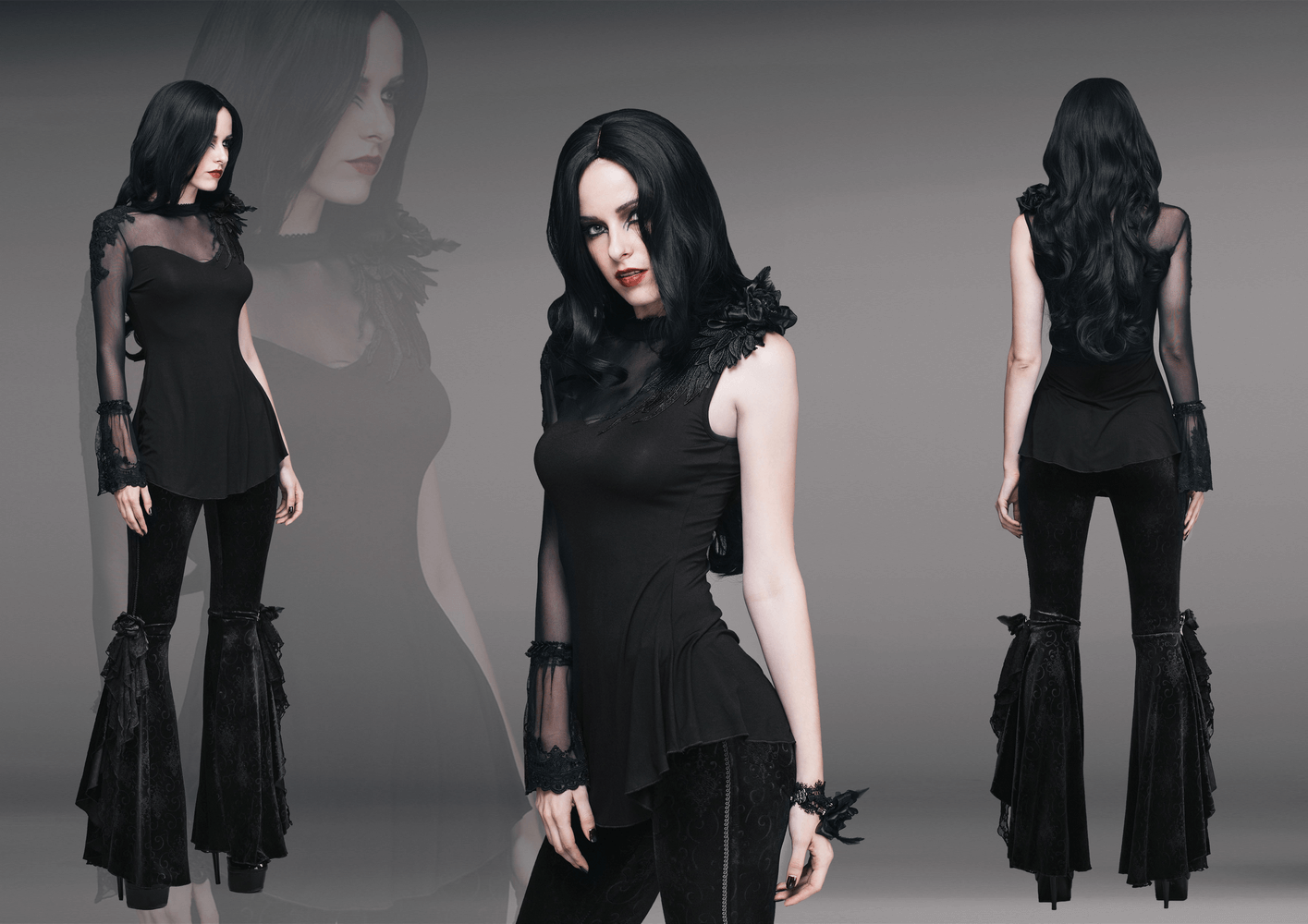 Women's black gothic asymmetric top with long sleeves and floral accents, showcasing a trendy, romantic style.