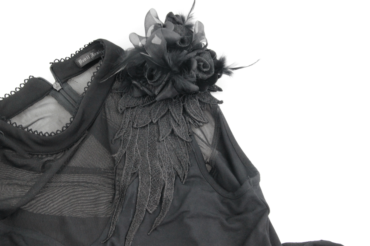 Close-up of a black women's asymmetric top featuring floral and feather details, perfect for gothic style fashion.