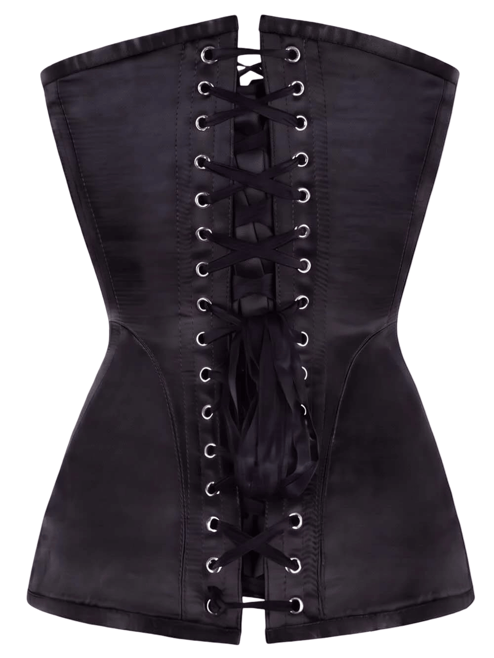 Women's Overbust Corset with Sculpted Waist Detailing black satin bustier with front busk and lace-up back for gothic style