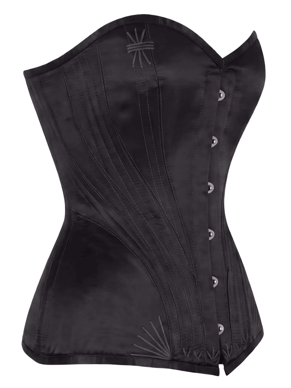 Women's Overbust Corset with Sculpted Waist Detailing, black satin sweetheart bustier with steel boning and front busk