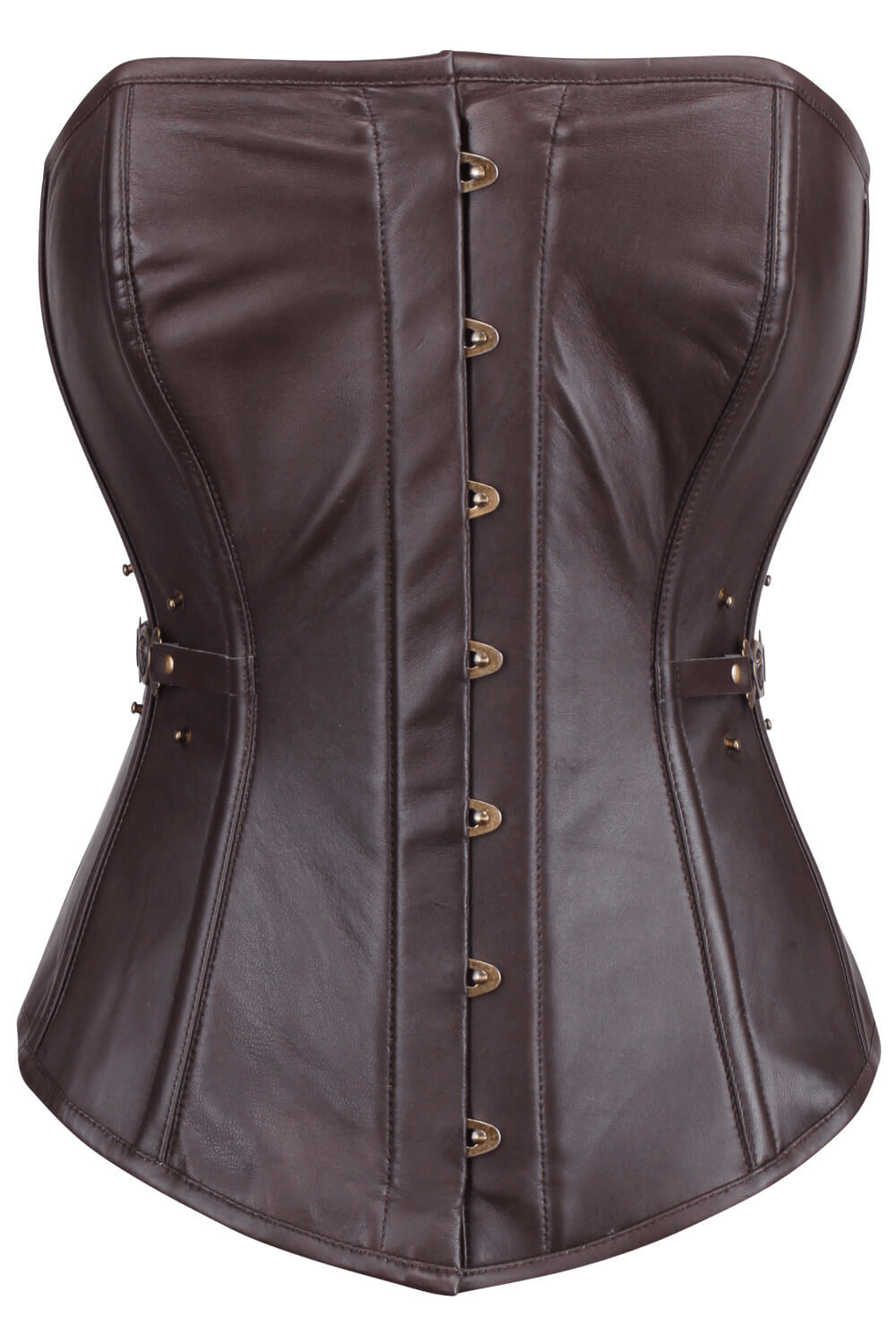 Alt Tag: Women's Overbust Corset with Skull Buckle Strap Trim brown steampunk Victorian overbust corset with front busk closure