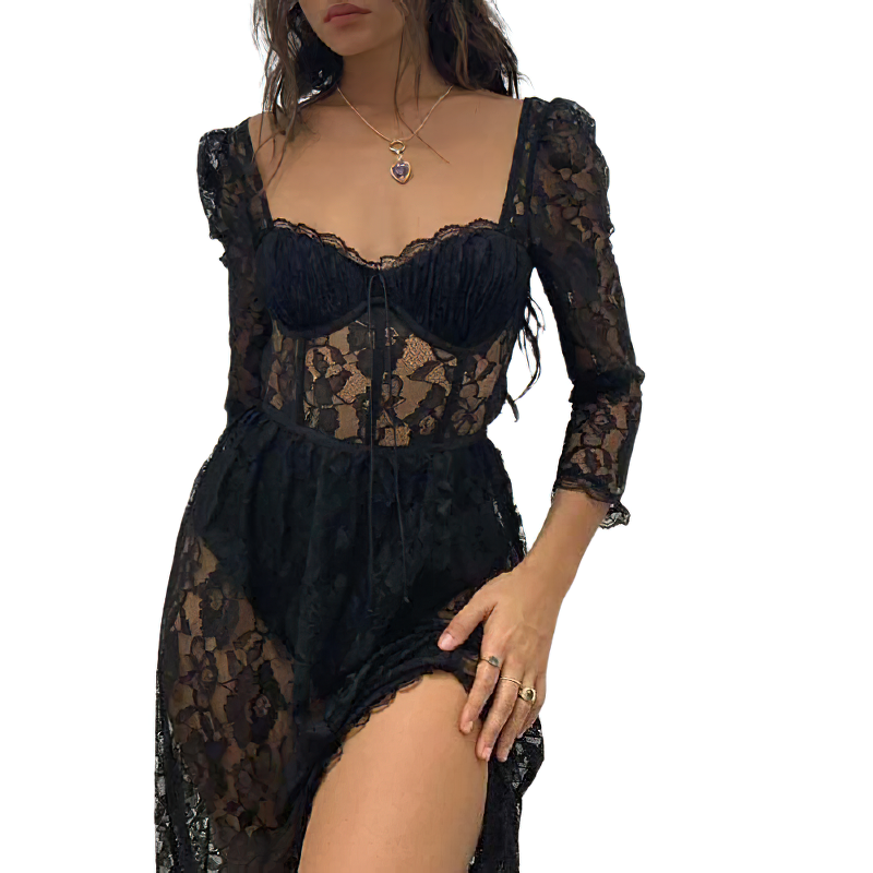 Women's Party Sexy Black Lace Long Dress / Elegant Ladies Fashion - HARD'N'HEAVY
