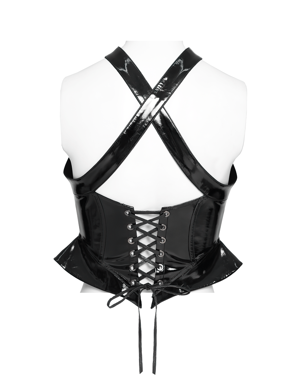 Back view of Women's Patent Gothic Harness Lace Up Corset Top showcasing crisscross straps and lace-up details.