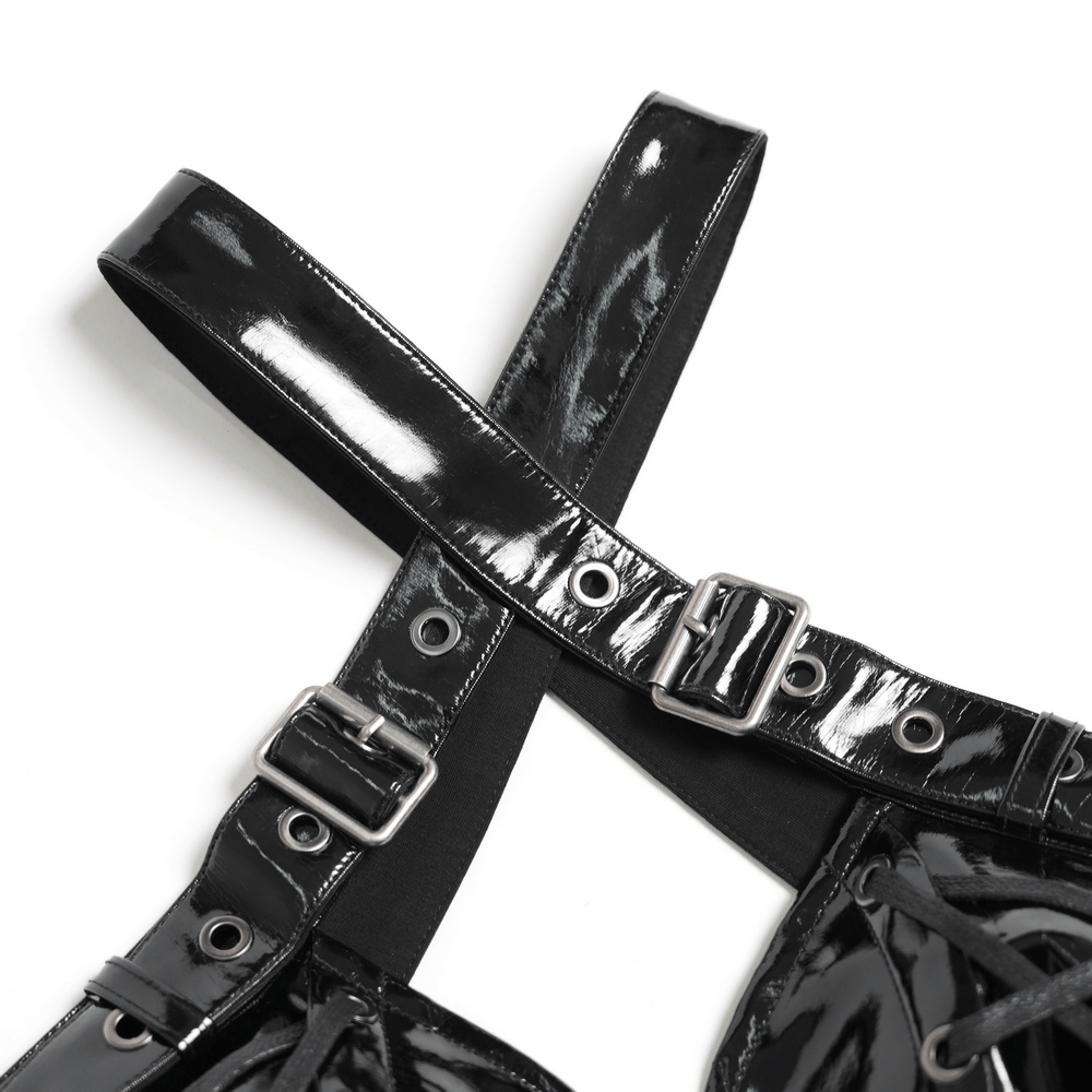 Close-up of Women's Patent Gothic Harness Lace Up Corset Top showcasing gloss black straps and buckle details.