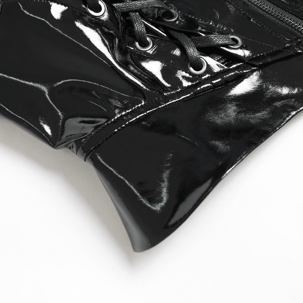 Detail of Women's Patent Gothic Harness Lace Up Corset Top showing glossy faux leather finish and lace-up side panels.