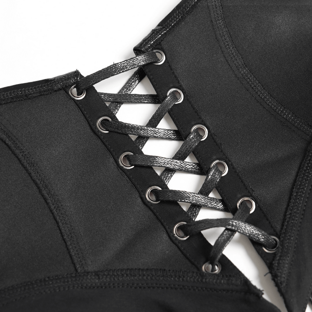 Close-up of lace-up side panels on Women's Patent Gothic Harness Lace Up Corset Top with sleek black finish.