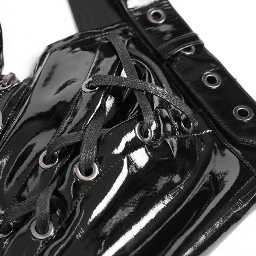 Close-up of Women's Patent Gothic Harness Lace Up Corset Top showing glossy faux leather and lace-up details.