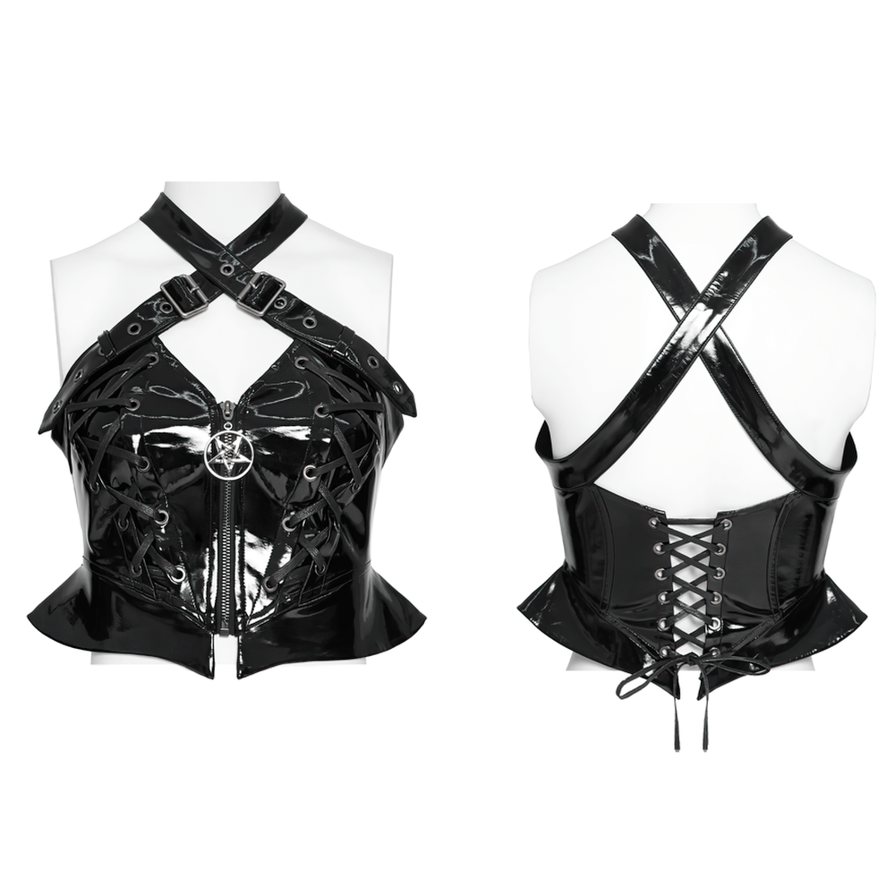 Women's Patent Gothic Harness Lace Up Corset Top with buckle straps and pentagram zipper.