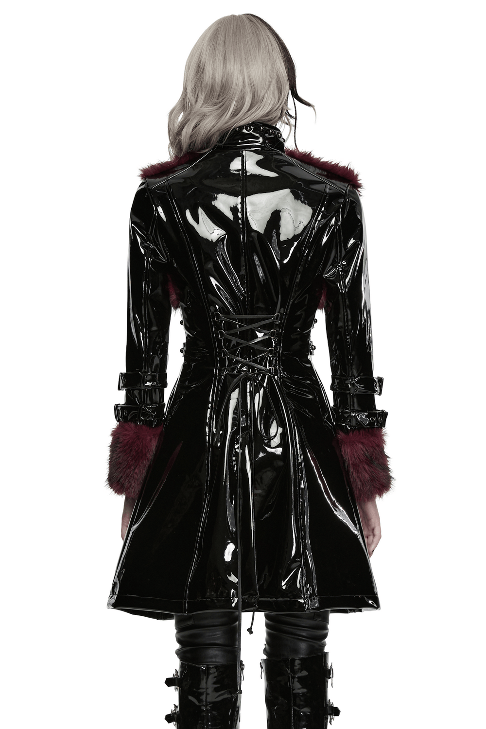 Women's Patent Leather Coat with Burgundy Faux Fur, showcasing the back detail with lace-up and faux fur trim.