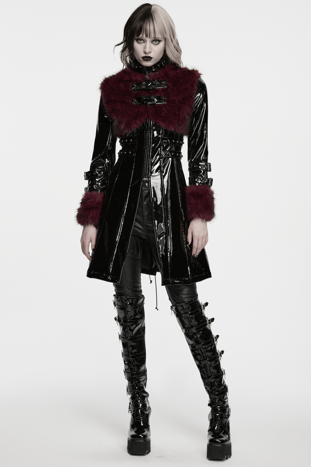 Women's Patent Leather Coat with Burgundy Faux Fur showcasing a gothic style with bondage straps and dramatic fur accent.