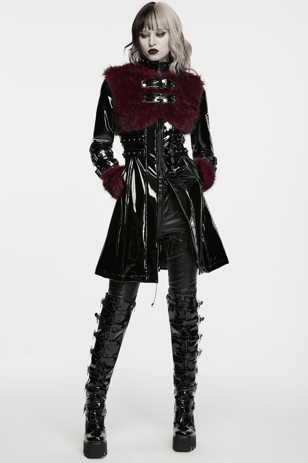Women's Patent Leather Coat with Burgundy Faux Fur featuring bondage straps and dramatic faux fur detail.