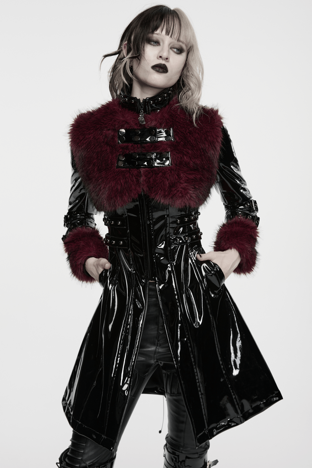 Women's Patent Leather Coat with Burgundy Faux Fur displaying a striking gothic look with bondage straps and faux fur.