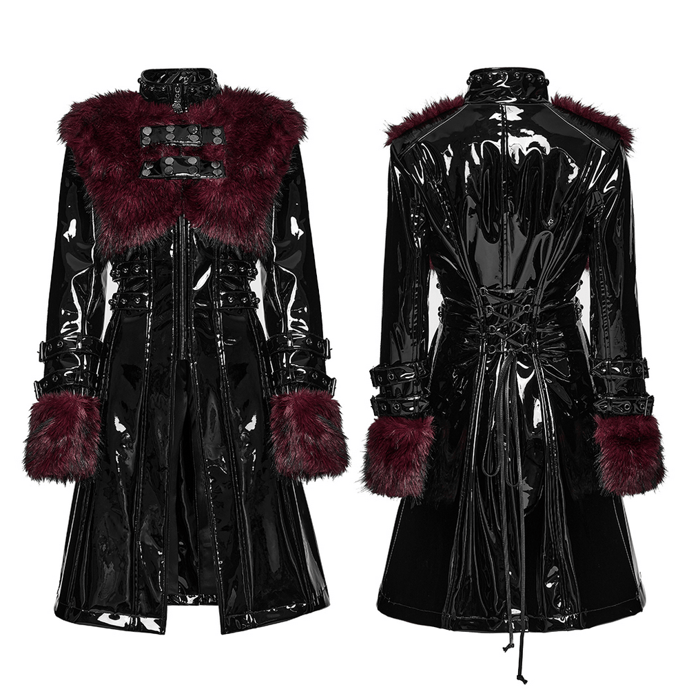 Women's Patent Leather Coat with Burgundy Faux Fur featuring gothic style, bondage straps, and plush burgundy fur accents.