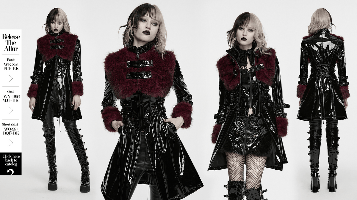Women's Patent Leather Coat with Burgundy Faux Fur, featuring gothic style and bondage straps in black and burgundy.